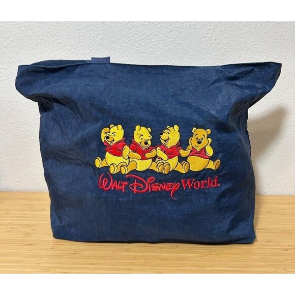 VTG Disney World Winnie The Pooh Embroidered Tote Bag Navy Blue Nylon Zip Top 90 - Picture 1 of 9